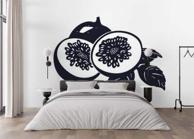 Simple, clear and beautiful arts and crafts artisanal stencil print style illustration of fig fruit isolated on white background. Stencilled graphic design, modern, minimalist, black and white Wall mural