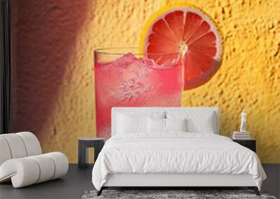 Sparkling Rose Lemonade drink in modern off-white minimalist trendy stylish vegan plant-based cafe bar setting with stucco concrete wall, product photography, outdoors, sunny, beverage, bright, shadow Wall mural