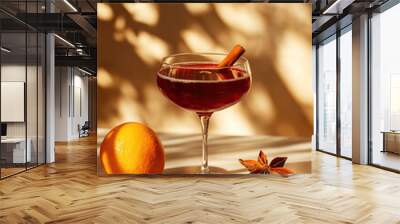 Spiced Mulled Wine drink in modern off-white minimalist trendy stylish vegan plant-based cafe bar setting with stucco concrete wall, product photography, outdoors, sunny, beverage, bright, shadow play Wall mural