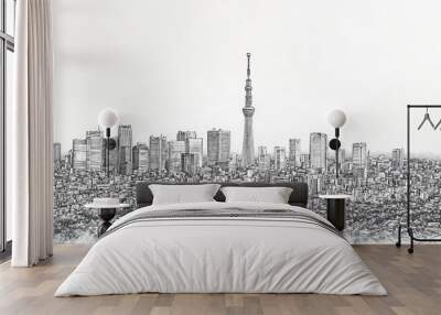 Tokyo, Japan, black and white pen pencil hand-drawn effect drawing illustration for travel poster, card, wallpaper, backdrop or banner. Modern, clear, artistic and simple Wall mural