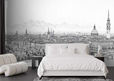 Turin, Italy, black and white pen pencil hand-drawn effect drawing illustration for travel poster, card, wallpaper, backdrop or banner. Modern, clear, artistic and simple Wall mural