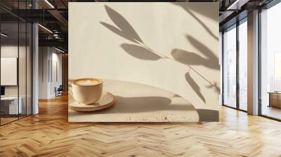 Vegan plant-based oat flat white cup of coffee in modern off-white minimalist trendy stylish cafe setting with stucco concrete wall, product photography, outdoors, sunny, bright, shadow play Wall mural