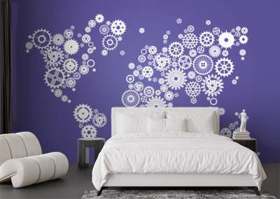 world map composed of gears, wheels on a blue background Wall mural