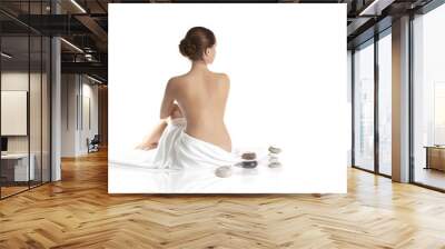 picture of beautiful lady with wite towels on white sand Wall mural