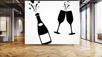 Champagne bottle and two glasses black silhouette icons. Simple vector illustration. Wall mural