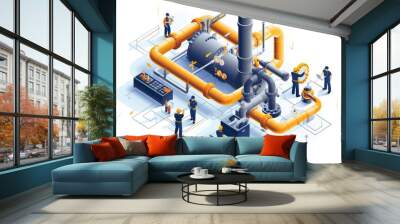 Valves and Piping technicians engineering checking service maintenance plumbers working together, Isometric with white background. Wall mural