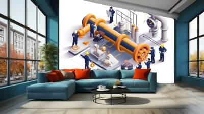 Valves and Piping technicians engineering checking service maintenance plumbers working together, Isometric with white background. Wall mural