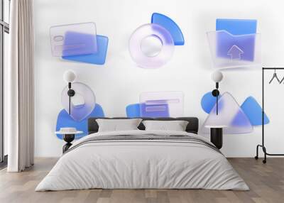 set collection 3D icon illustration glassmorphism blue render Wall mural