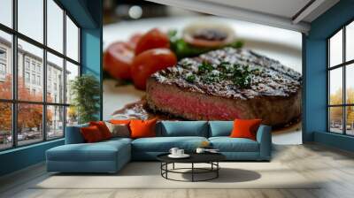 Succulent steak served with fresh tomatoes and herbs on a plate Wall mural