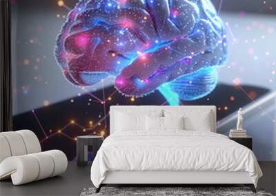 3D holographic brain with glowing neural networks, floating above a sleek white smart device, isolated on a pure white backdrop Wall mural