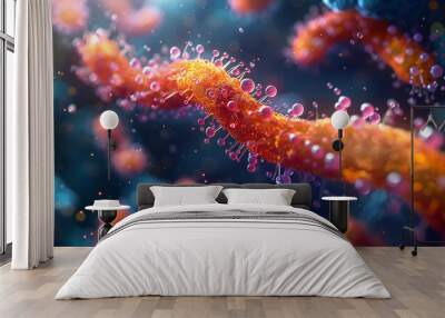 A microscopic view of healthy intestinal cells regenerating, with probiotic bacteria depicted as supportive elements in the process. Wall mural