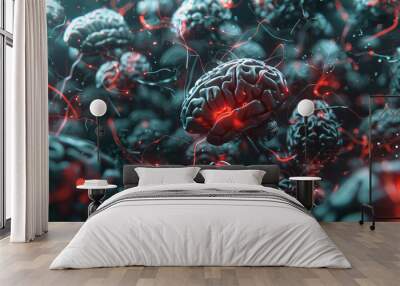 An abstract background filled with human brain scans and neural pathways. A shadowy, abstract form with glowing red accents infiltrates the scans, causing the individuals to lose their sense of self a Wall mural