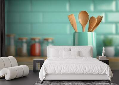 Eco-friendly kitchen: bamboo utensil holder on recycled paper countertop, beeswax wrap, natural light Wall mural