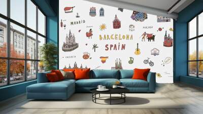 Barcelona Spain travel architecture landmarks vector illustrations set Wall mural