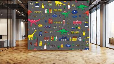 Dinosaurs in the city vector seamless pattern. Wall mural