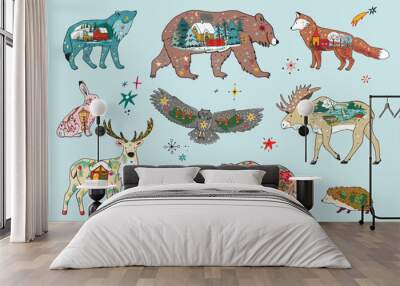 Forest animals christmas winter vector illustartions set. Wall mural