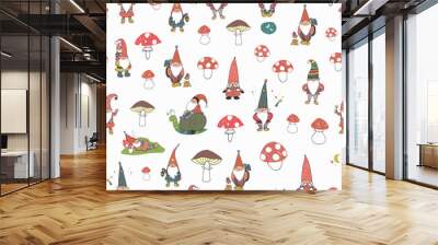 gnomes with houses and forest mushrooms vector seamless pattern Wall mural