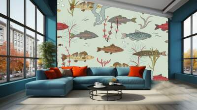 River freshwater fish vector seamless pattern. Wall mural