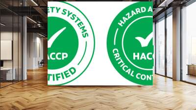 HACCP certified icon, HACCP icon emblem, Food safety system round stamp, two HACCP green color isolated vector logos with checklist symbol. HACCP quality badge illustration. Wall mural