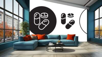 Multivitamin pills vector icon set. pharmaceutical capsule symbol. antibiotic drug tablet medicine icon in black color. Wall mural