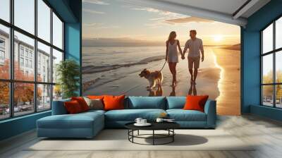 Stunning sunset backdrop highlights the bond between the couple and their pet during their holiday getaway. Wall mural