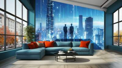 Two businessmen strategize on a rooftop overlooking a futuristic city. Wall mural