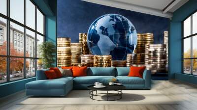 Globe and stack with coins. Money makes the world go round Wall mural