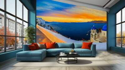 Amazing wide panorama sunset view with white houses on church wi Wall mural