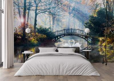 Heart shape of swans love mate for life in scenic view of misty pond autumn romantic landscape with beautiful old bridge in the garden with sun rays and fog. Wall mural