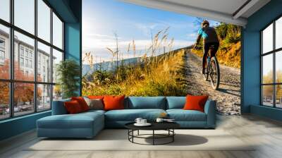 Mountain biking woman riding on bike in summer mountains forest landscape. Woman cycling MTB flow trail track. Outdoor sport activity. Wall mural