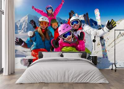 ski, snow, sun and winter fun - happy family ski team Wall mural