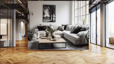 Modern living room interior with white sofa, coffee table and black poster. 3d render Wall mural