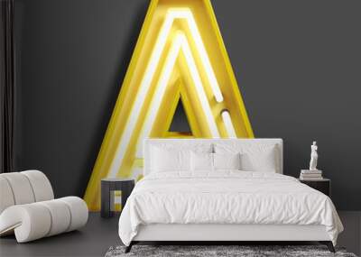 Bright Neon Font with fluorescent yellow tubes. Letter A. Night Show Alphabet. 3d Rendering Isolated on Gray Background Wall mural