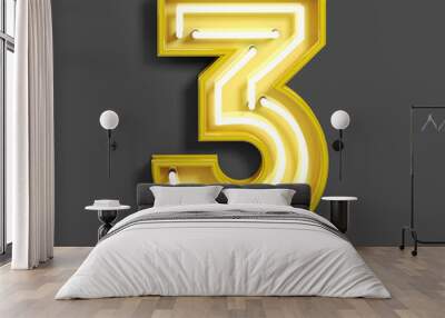 Bright Neon Font with fluorescent yellow tubes. Number 3 . Night Show Alphabet. 3d Rendering Isolated on Gray Background Wall mural