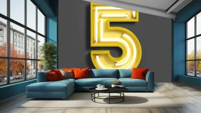 Bright Neon Font with fluorescent yellow tubes. Number 5 . Night Show Alphabet. 3d Rendering Isolated on Gray Background Wall mural