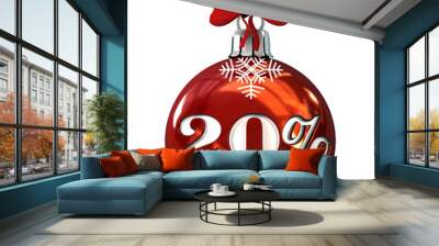 Red Christmas Ball with 20% discount . Seasonal Sale Concept. 3d Rendering Isolated on White Background. Wall mural