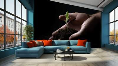 horizontal image of two hands holding a small plant, in representation of saving the environment and a Powerful Reminder of the Importance of Sustainable Living and Our Ability to Make a Difference Wall mural