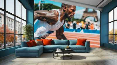 Sprinter preparing for a race with Eiffel Tower in the background Wall mural