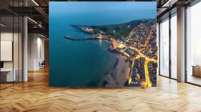 Aerial night view of the famous travel destination, Swanage, Dorset, South West England. blue hour winter Wall mural