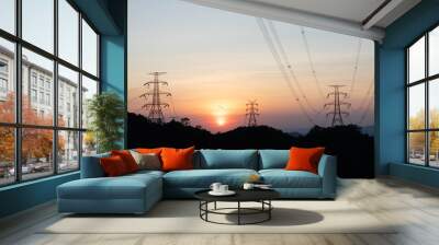 Contast color of Power Line in distribution tower, sunset moment Wall mural