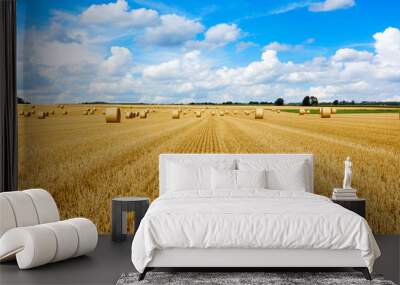 Yellow golden straw bales of hay in the stubble field, agricultural field under a blue sky with clouds Wall mural