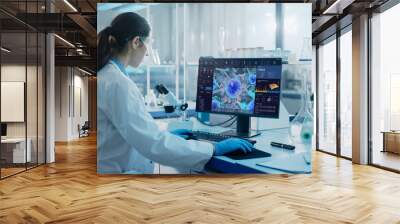 Advanced Medical Science Laboratory: Medical Scientist Working on Personal Computer with Screen Showing Virus Analysis Software User Interface. Scientists Developing Vaccine, Drugs and Antibiotics. Wall mural