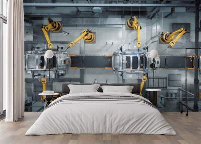 Aerial Car Factory 3D Concept: Automated Robot Arm Assembly Line Manufacturing Advanced High-Tech Green Energy Electric Vehicles. Construction, Building, Welding Industrial Production Conveyor Wall mural