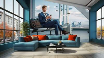 Airport Terminal: Businessman Uses Smartphone, Waiting for a Flight, Doing e-Business, Browsing the Internet with an App. Traveling Entrepreneur Remote Work Online in Boarding Lounge of Airline Hub Wall mural