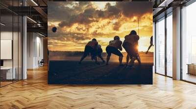 American Football Field Two Teams Compete: Players Pass and Run Attacking to Score Touchdown Points. Professional Athletes Fight for the Ball, Tackle. Golden Hour Sunset Wall mural