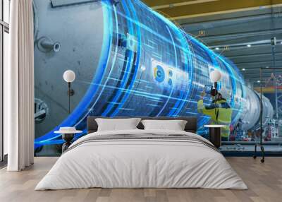 AR Concept: Industrial Engineer Uses Augmented Reality Digital Tablet to Scan Large Metal Construction, Special Effects Show Visualization / Digitalization of Oil, Gas and Fuel Transport Pipeline. Wall mural