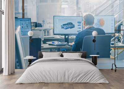 Back View of Industrial Engineer Working on Desktop Computer in Bright Office. Screens Show IDE / CAD Software, Implementation of Machine Learning, Neural Networking and Cloud Computing Wall mural