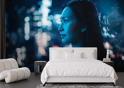 Beautiful Asian Female Portrait Standing on City Street with Neon Lights Late in the Evening. Authentic Adult Confident Woman Posing For Camera, Smiling in the Night on Downtown Business Street. Wall mural