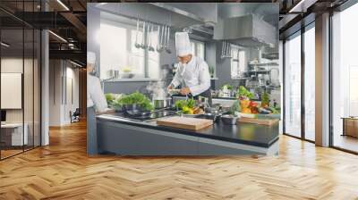 Big and Glamorous Restaurant Busy Kitchen, Chefs and Cooks Working on their Dishes. Wall mural