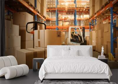 Big Retail Warehouse full of Shelves with Goods Stored on Manual Pallet Truck in Cardboard Boxes and Packages. Forklift Driving in Background. Logistics and Distribution Facility for Product Delivery Wall mural